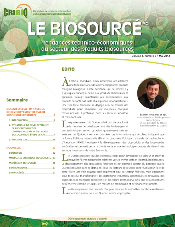 Biosourcé - Volume 1, numéro 3 - Mai 2013 - Tendances technico-économiques du secteur des produits biosourcés