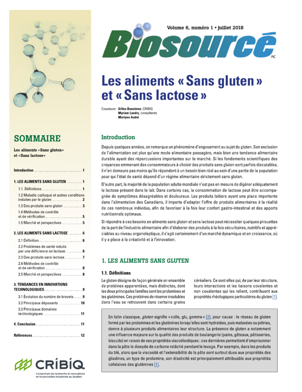 Biosourcé – Volume 6, numéro 1 – Juillet 2018 – Les aliments « sans gluten » et « sans lactose »