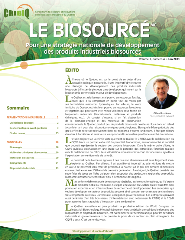 Biosourcé – Volume 1, numéro 4 – Juin 2013 – Pour une stratégie nationale de développement des produits industriels biosourcés