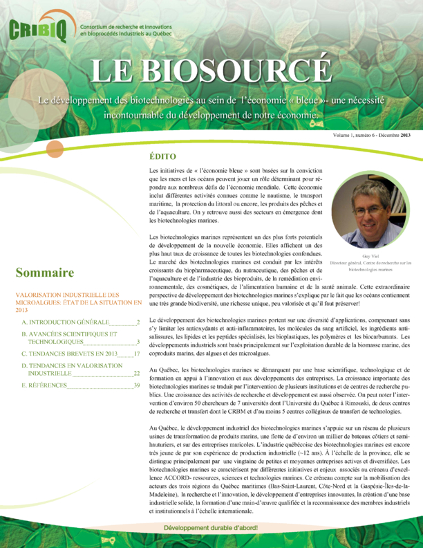 Biosourcé - Volume 1, numéro 6 - Décembre 2013 - Le développement des biotechnologies au sein de l’économie « bleue »- une nécessité incontournable du développement de notre économie.