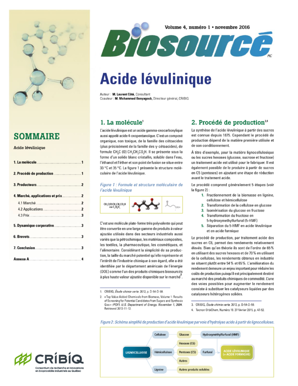 Biosourcé - Volume 4, numéro 1 - Novembre 2016 - Acide lévulinique